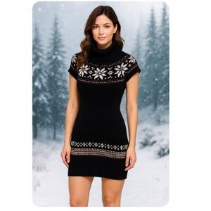 BODY CENTRAL Black Snowflake Cowl Neck Sweater Dress Size Small Winter Holiday